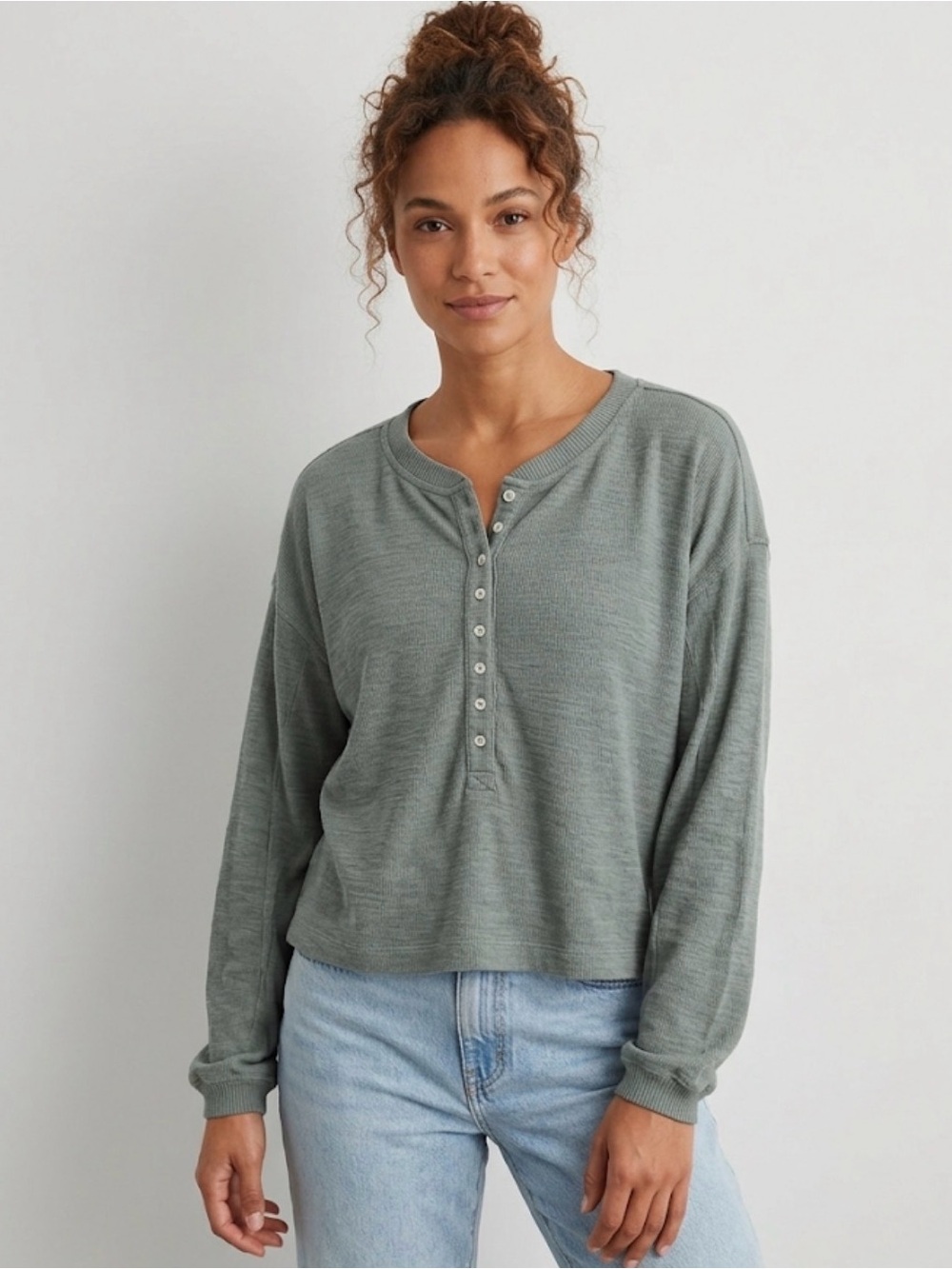 aerie Button-Front Henley Long Sleeve Top in Sage
